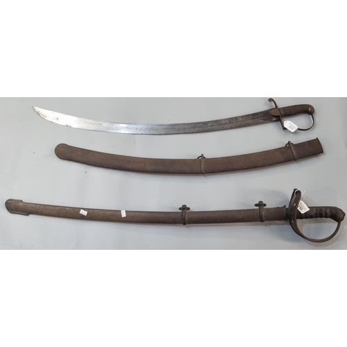 153 - Probably British heavy Cavalry sword with leather grip and pierced solid hilt in metal scabbard.  Re... 