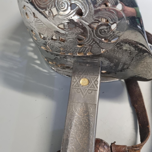 160 - George V British Army officer's sword with wire bound shark skin grip, scrolled and pierced armorial... 