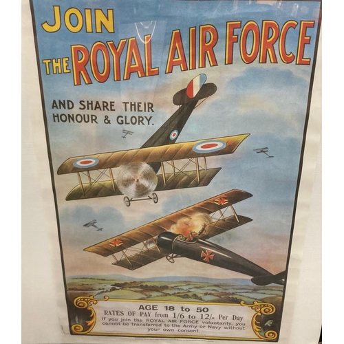 Group of assorted reproduction WWI and WWII posters to include: 'Join the Royal Airforce', Decorations and Medals, Some Types of HM Army, Let Us Go Forward Together, Medals and Public Warning, German Airships and British Airships silhouettes of aircraft.  (6)   (B.P. 21% + VAT)