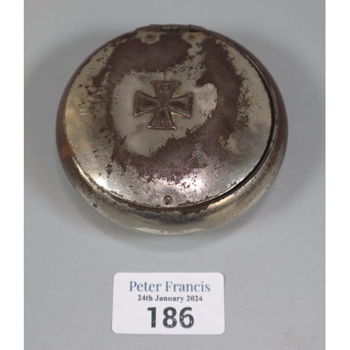 186 - German WW1 plated metal tobacco box of cushion form with iron Cross motif.   (B.P. 21% + VAT)