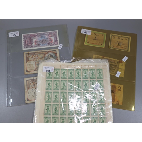 195 - Stamps and banknotes to include: New Zealand 1936 Anzac Sheet of halfpenny stamps, German and Italia... 