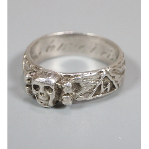 208 - German SS style silver skull ring with various rhunes and motifs  and engraved to the interior.   (B... 