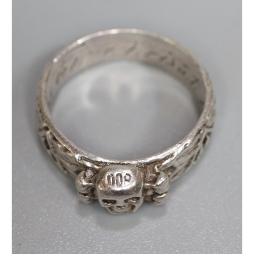 208 - German SS style silver skull ring with various rhunes and motifs  and engraved to the interior.   (B... 