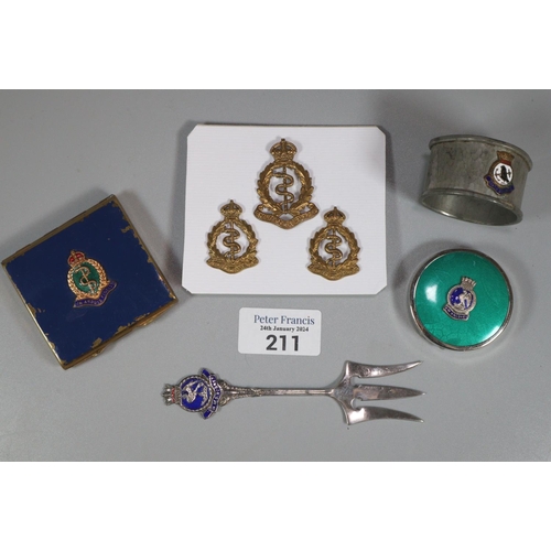 211 - Group of three Royal Army Medical Corps cap badges, Royal Army Medical Corp enamel crested compact, ... 