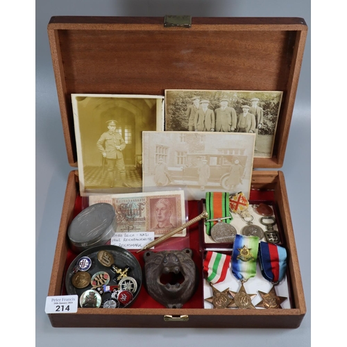 214 - Box containing assorted medals including: WWII Defence Medal, Italy Star, 39-45 Star, Atlantic Star ... 