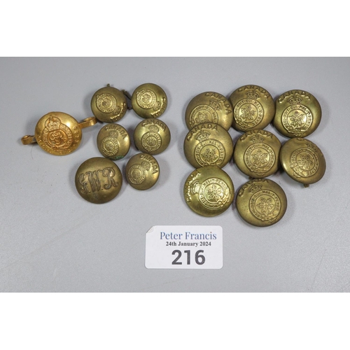 216 - Jacob's and Company Lemon Puffs tin containing assorted Canadian and other military brass buttons.  ... 