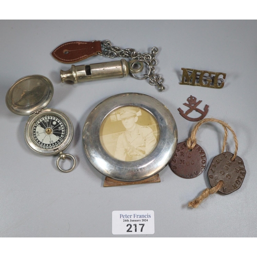 217 - Group of assorted items to include: WWI military Officer's nickel whistle dated 1915, WWI compass da... 