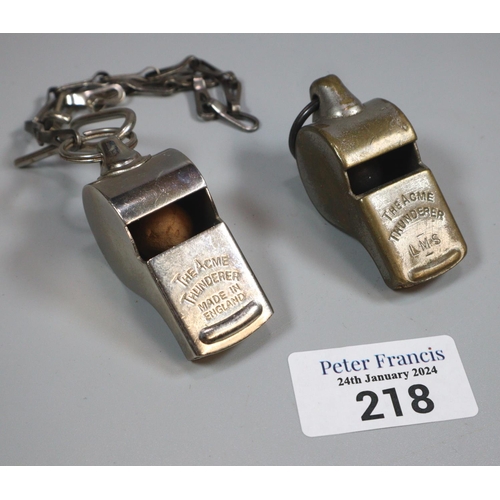 218 - Two vintage Acme Thunderer whistles.  (2)   (B.P. 21% + VAT)