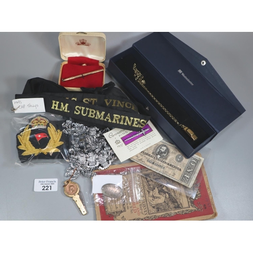 221 - Assorted Navel and military items to include Royal Naval cap ribbons: Submarines HMS St Vincent, HMS... 