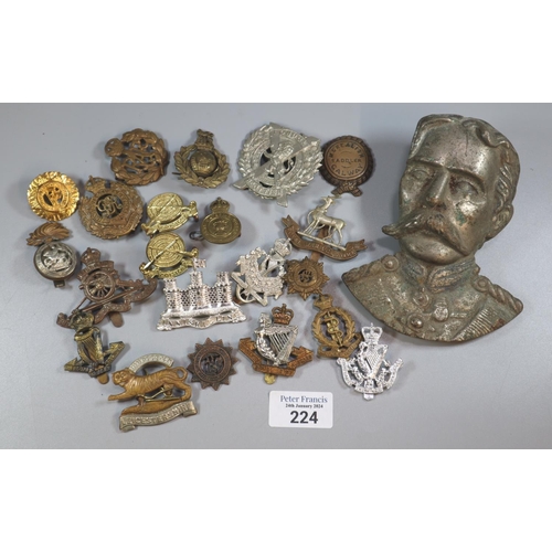 224 - Collection of assorted British Military cap badges, various, together with a metal relief portrait b... 