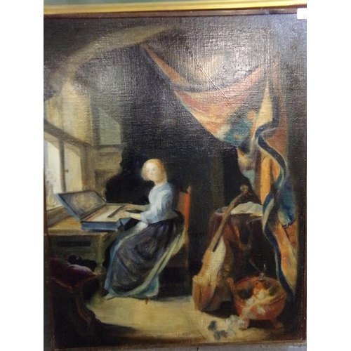 229 - Blishen, study of a woman in 198th century dress playing harpsicord in an interior, signed and dated... 