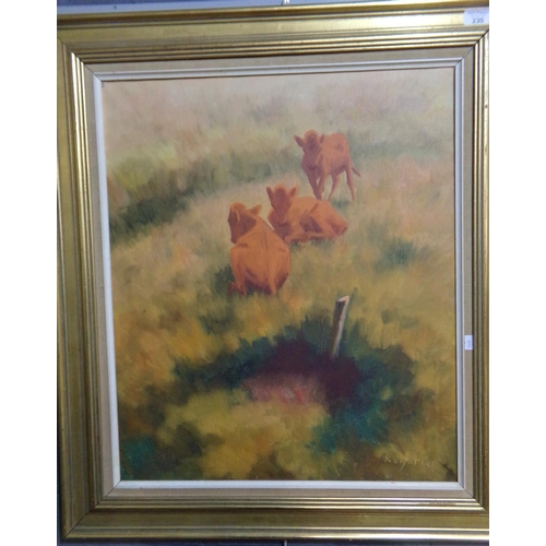 230 - Daniel Bernhardt Rolfsted (Danish, born 1902), calves in a meadow, signed. Oils on canvas. 65x55cm a... 