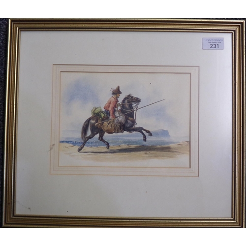 231 - Equestrian study, possibly Don Quixote, unsigned.  Watercolours.  16.5x22cm approx.  Framed and glaz... 