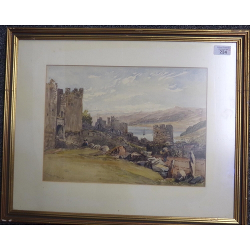 234 - Manner of David Cox Junior, Conway with castle and coastline, signed verso dated 28th August'54.  Wa... 