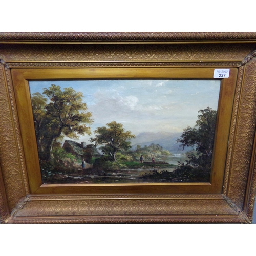 237 - British School (19th century), river scene with figures and cottage, indistinctly signed.  Oils on c... 