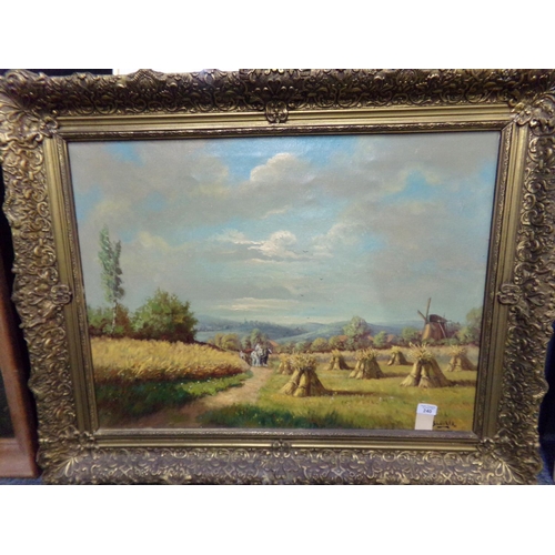 240 - D Shizer, harvesting scene with windmill, signed.  Oils on canvas.  60x80cm approx.  Gilt frame.   (... 