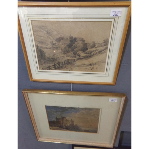 256 - Group of three British School watercolours, 19th century, to include: coastal study, lake scene with... 