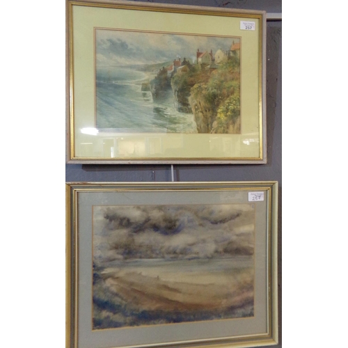 257 - Group of three British School watercolours (19th/20th century), to include: cliff top village, expan... 