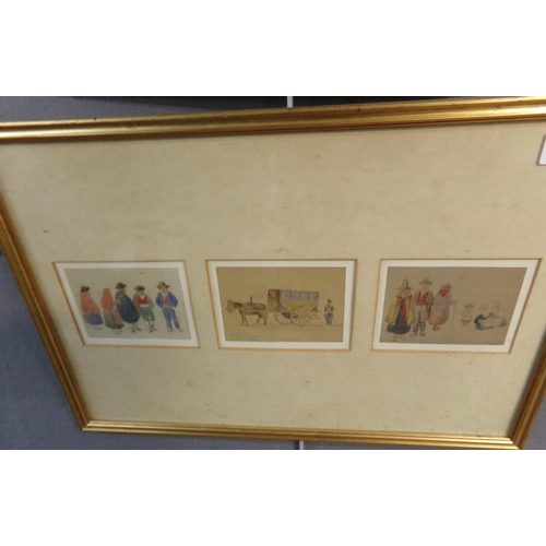 260 - Group of watercolours to include: three vignettes (8x11.5cm approx) in one frame being portraits of ... 