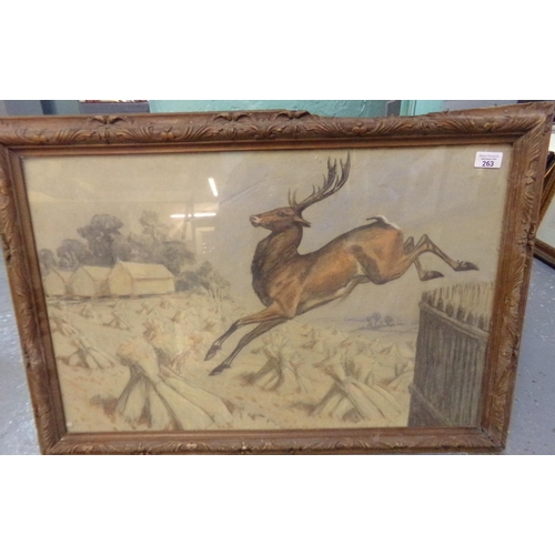 263 - Coloured print, stag leaping a fence into a corn field.  48x72cm approx. Framed and glazed.   (B.P. ... 