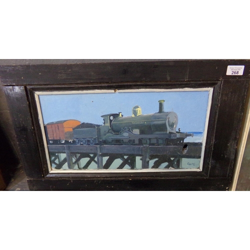 268 - R L M, study of a steam locomotive on trestle type bridge, signed with initials.  Oils on board.   2... 