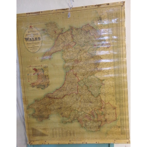 276 - Bacon's Excelsior Map of Wales and Monmouthshire with railways, roads and distances, a wall hanging ... 