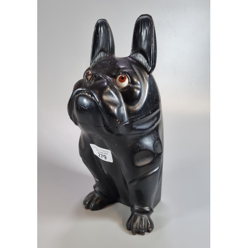 279 - A carved wooden black lacquered French Bulldog shape tobacco jar with hinged lid and glass eyes.
(B.... 