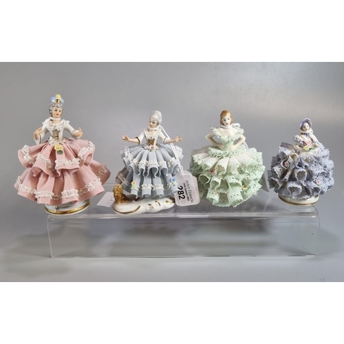 282 - Group of four porcelain figures of ladies to include: two continental figures and two Irish Dresden;... 