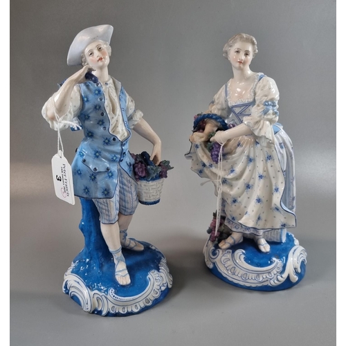 3 - Pair of continental porcelain blue and white figurines of flower sellers. Blue crossed sword marks t... 