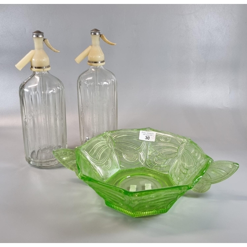 30 - Art Deco green uranium glass bowl with butterfly handles together with a pair of vintage Schweppes g... 