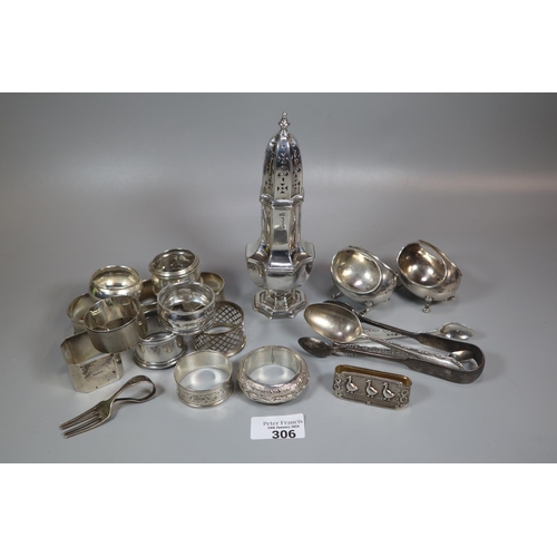 306 - Bag of assorted mainly silver to include: collection of various napkin rings, sugar caster, sugar ni... 