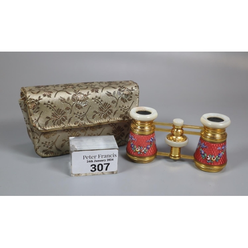 307 - Case pair of French Altex Paris enamel and mother of pearl opera glasses in fitted fabric case.  (B.... 