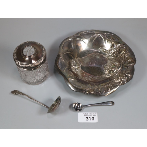 310 - White metal Art Nouveau design repoussé rose dish together with a silver tea strainer spoon and glas... 