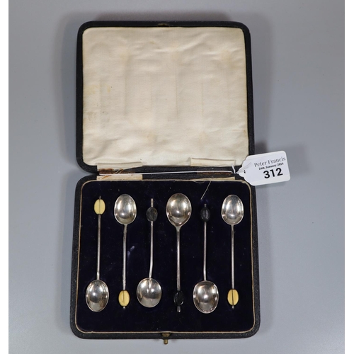 312 - Set of six cased coffee bean silver spoons.  (B.P. 21% + VAT)