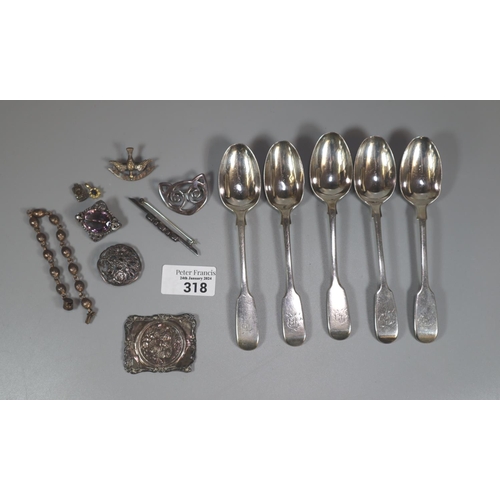 318 - Set of five 19th century teaspoons with London hallmarks.  4.12 troy oz approx. Together with silver... 