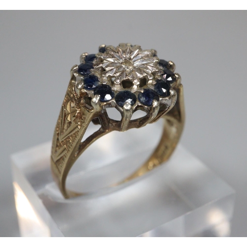 328 - 9ct gold diamond and blue stone cluster ring.  4.7g approx.  Size N1/2.  (B.P. 21% + VAT)