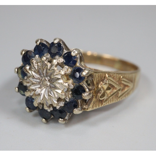 328 - 9ct gold diamond and blue stone cluster ring.  4.7g approx.  Size N1/2.  (B.P. 21% + VAT)