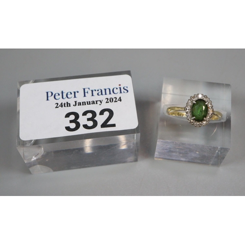 332 - 18ct gold on platinum diamond and green stone ring.  2.9g approx.  Size K1/2.  (B.P. 21% + VAT)