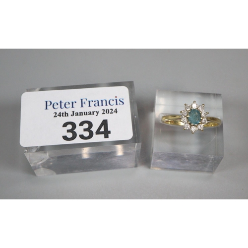 334 - 18ct gold diamond and aquamarine ring.  2.4g approx.  Size Q.  (B.P. 21% + VAT)