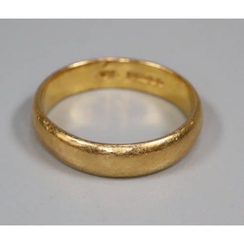 337 - 22ct gold wedding band.  4.3g approx.  Size K.   (B.P. 21% + VAT)