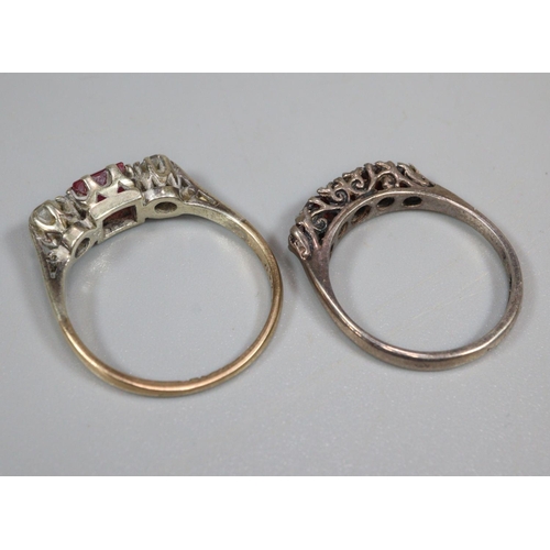 341 - 9ct gold three stone dress ring.  2.4g approx.  Size N, together with a silver dress ring.  (2)  (B.... 