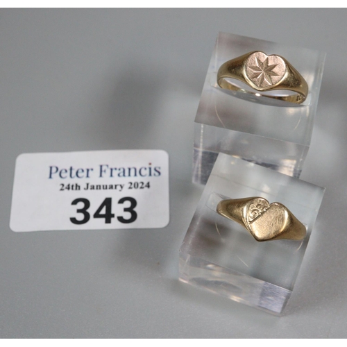 343 - Two 9ct gold signet rings.  4.3g approx.  (2)   (B.P. 21% + VAT)