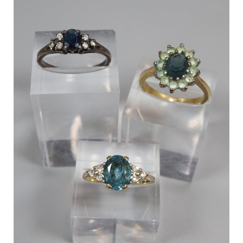 346 - Art Deco design 9ct gold blue and clear stone ring.  2.3g approx.  Size P1/2, together with two dres... 