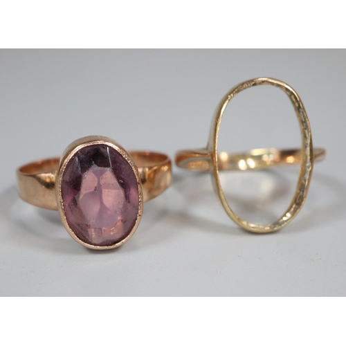 349 - 9ct gold ring missing an oval stone, together with 9ct gold ring with amethyst coloured stone.  3.8g... 