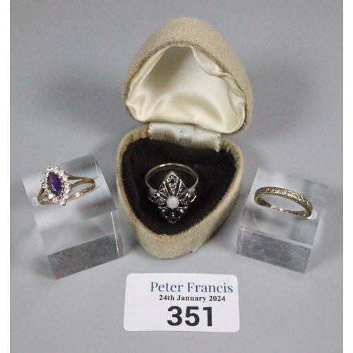 351 - 9ct gold cubic zirconia and purple stone dress ring.  1.8g approx.  Size O.  Together with an Art De... 