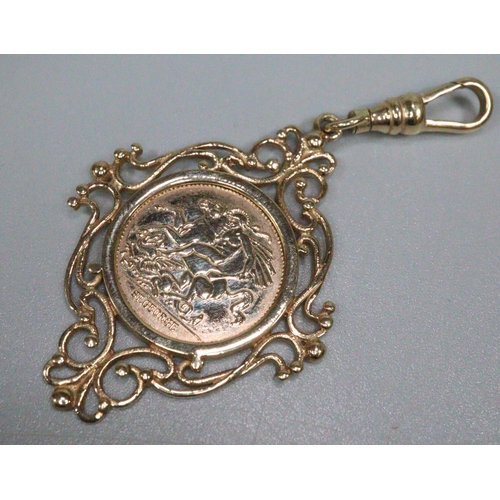 353 - Ornate 9ct gold pendant mount inset with St George coin with Victoria old head to the reverse.  8g a... 