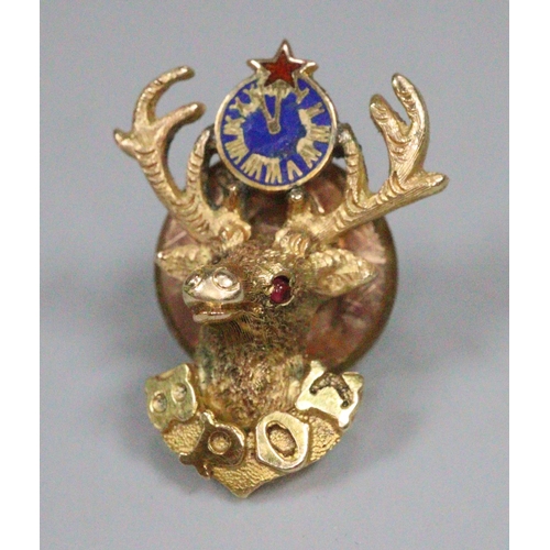 354 - 14K gold front only enamelled Stag's head brooch, the 'Benevolent and Protective Order of Elks', a N... 