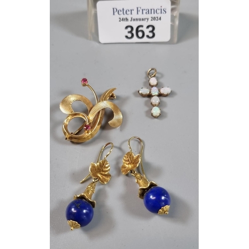 363 - Opal cross pendant together with a pair of 18ct gold and lapis lazuli earring and a yellow metal bro... 