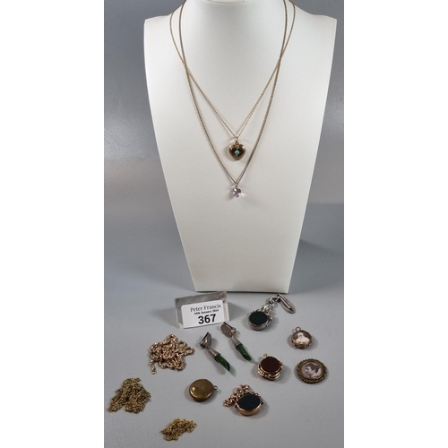 367 - Collection of assorted jewellery to include: blood stone fobs, some 9ct mounted, gold plated chains,... 