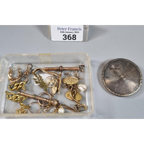 368 - Collection of scrap gold and other items to include: T bar, earrings, plated cufflinks, pocket watch... 